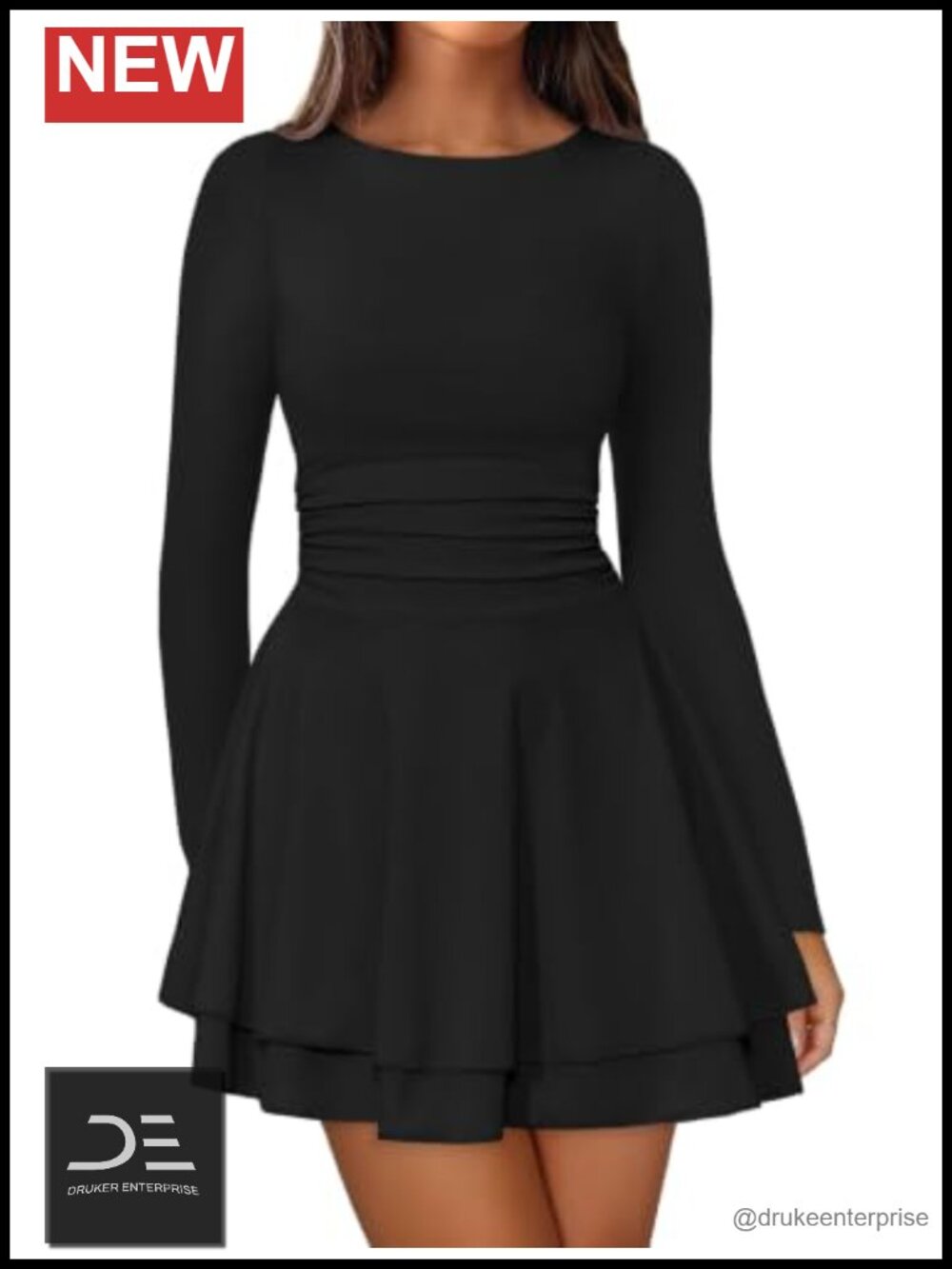 Women's Long Sleeve Mini Dress Flowy Ruffle Hem A-Line Party Dress